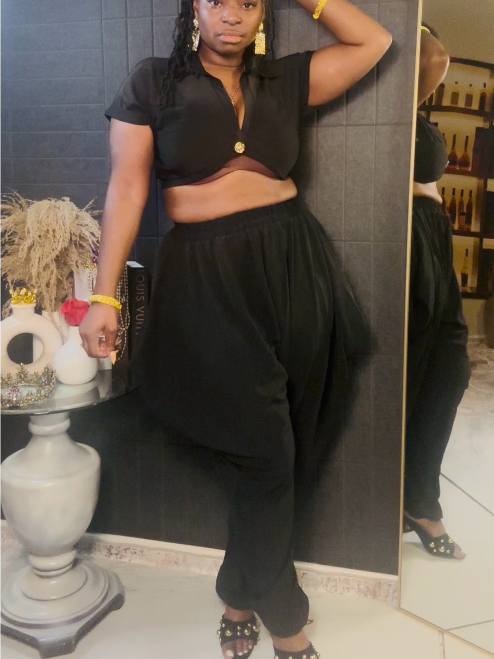 Black Cropped Button Top and High-Waist Pants Set